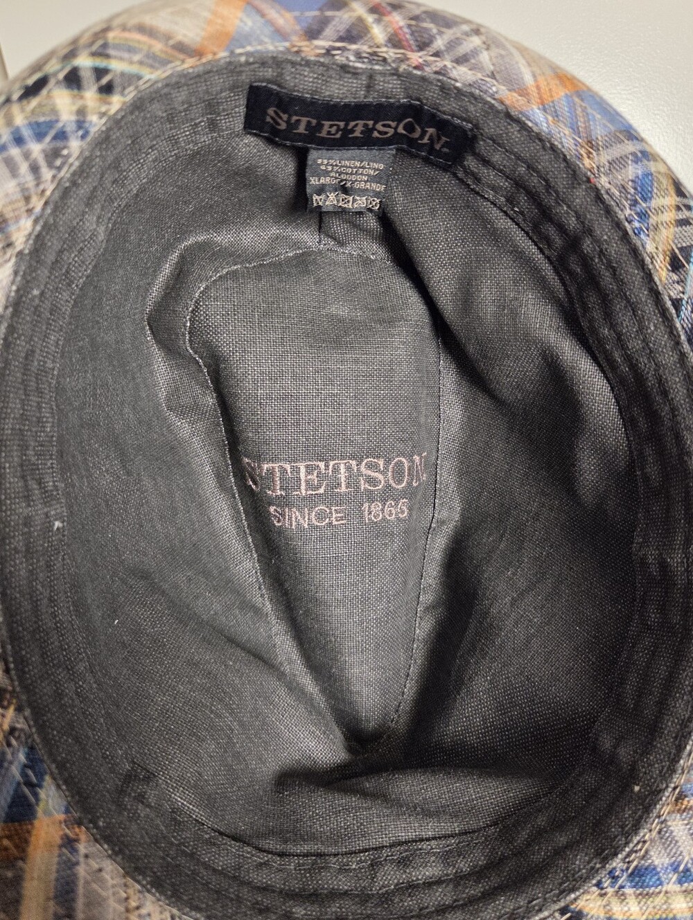 Stetson Plaid Linen Blend Fedora Hat Trilby Mens XL Classic Short Brim Blue Gray - Picture 7 of 11